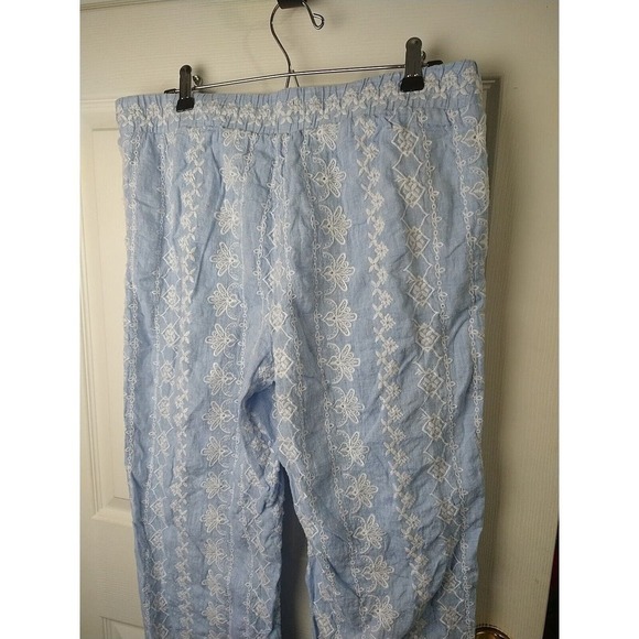 Loft 100 Linen Blue White Embroidery Elastic Waist Pants. Size M - Picture 11 of 12